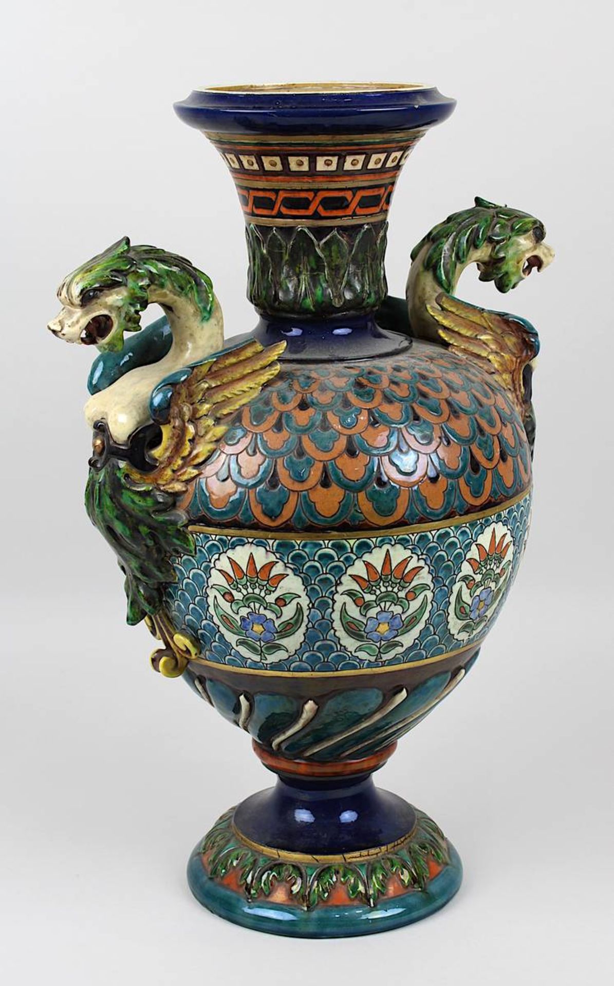 Johann Glatz, Keramik Prunk-Vase, Villingen um 1880, balusterförmiger Korpus, Keramik, heller - Image 3 of 5