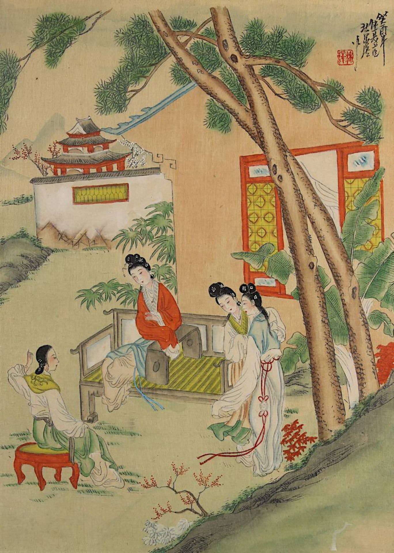 Chinesisches Seidenbild, Damen im Garten, fein auf Seide gemalt, re. o. signiert, im seidenen Passep - Bild 2 aus 2