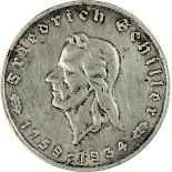 Fünf Reichsmark, Deutsches Reich 1934, 900er Silber, Av. Kopf Friedrich Schiller nach links,