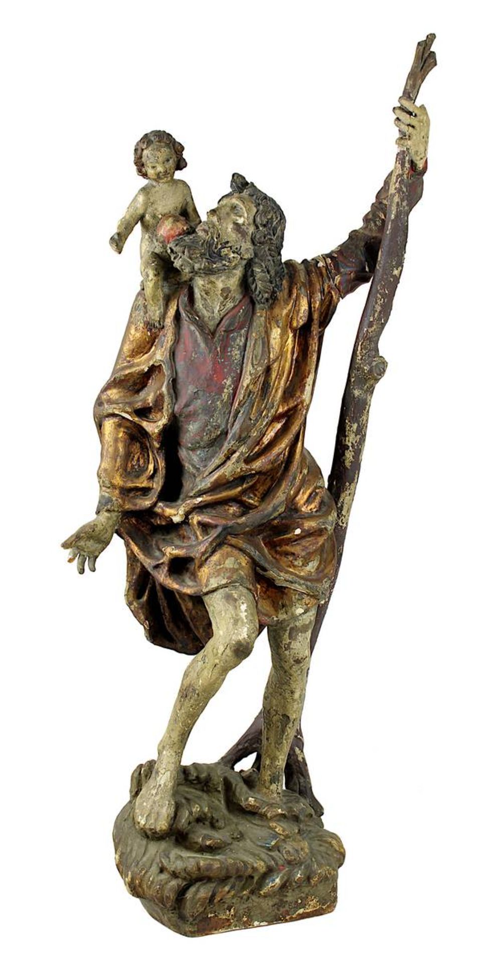 Heiliger Christopherus 18./19. Jh., Holz geschnitzt u. gefasst, schlanke hohe Figur des im Wasser st