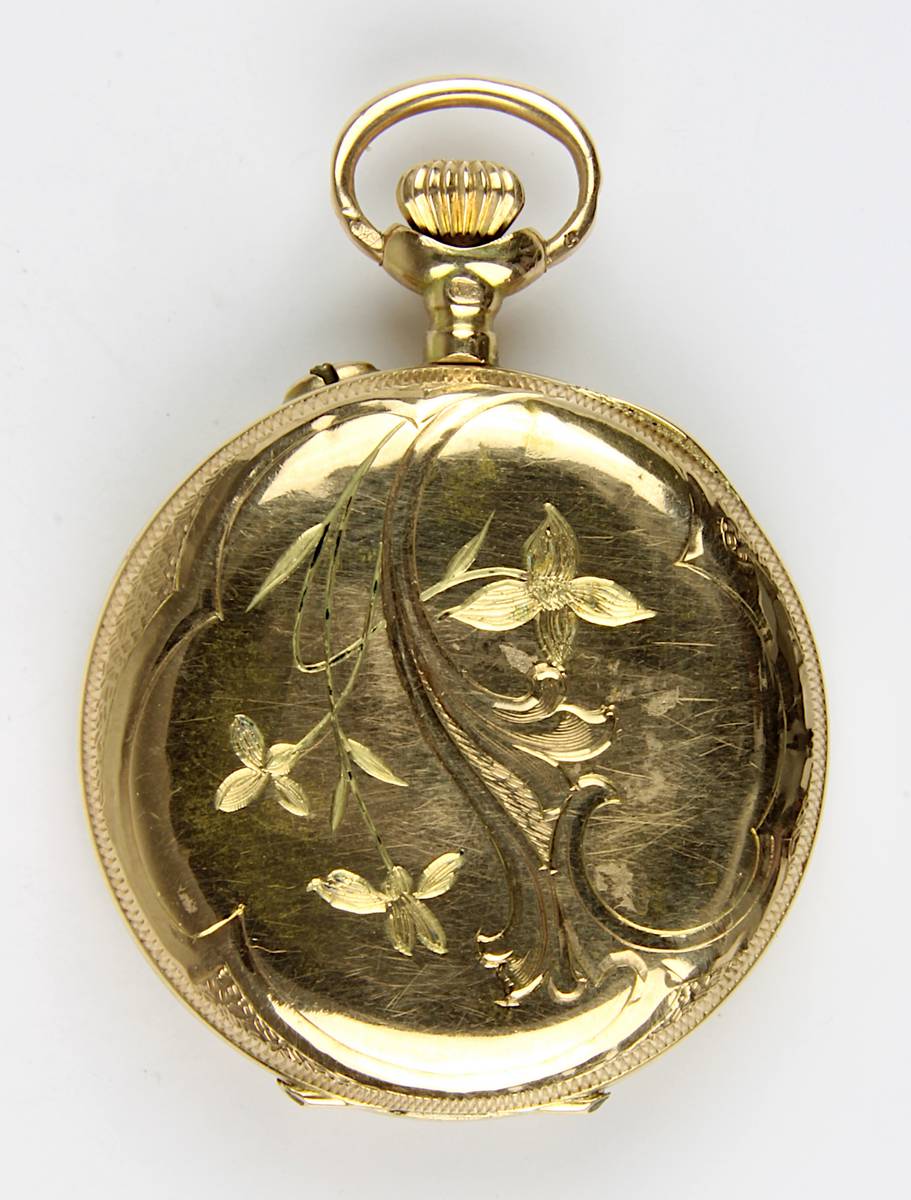 Jugendstil Savonette-Damentaschenuhr, Schweiz um 1900, zwei Golddeckel, gestempelt 14 K, auf - Image 4 of 5