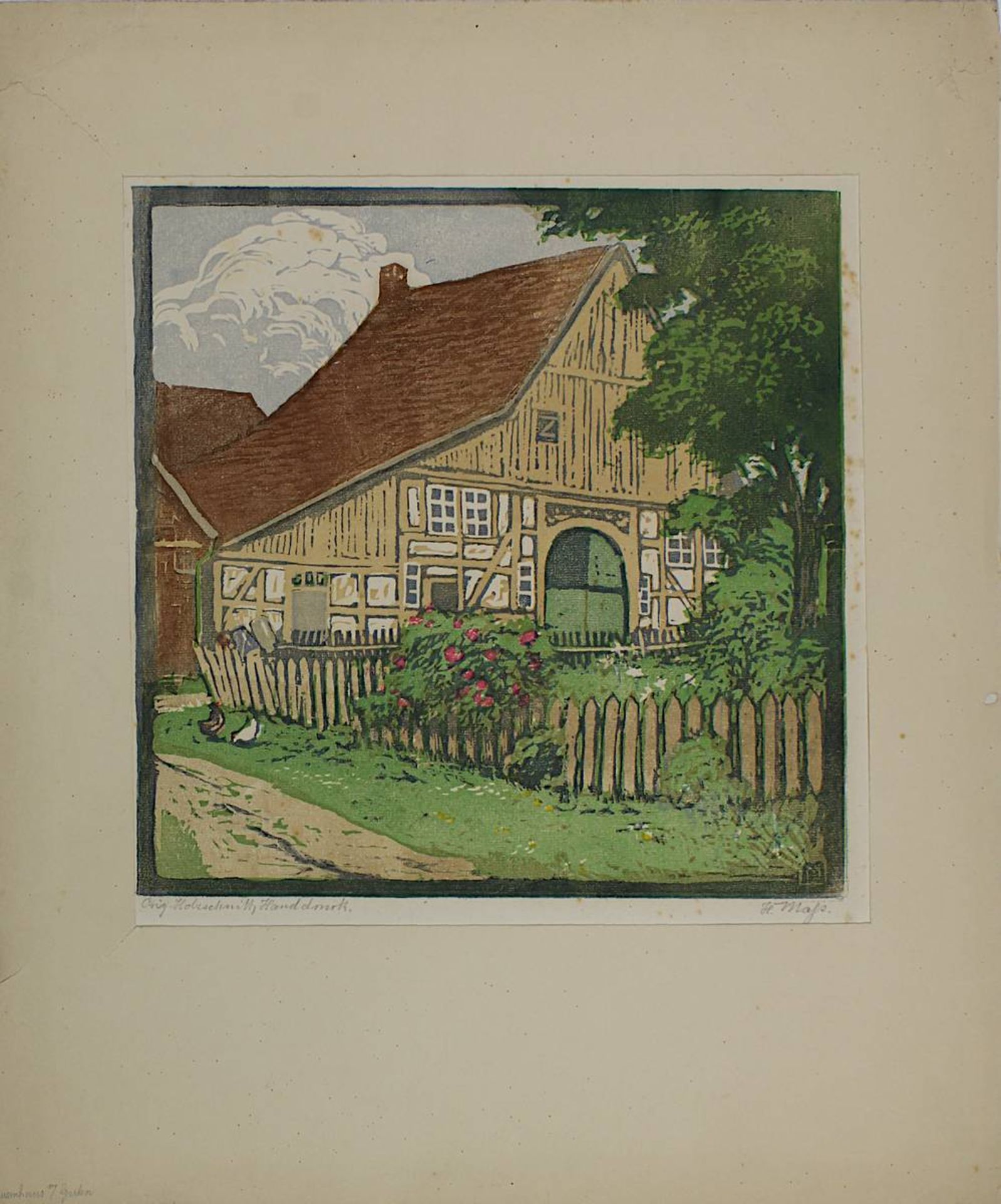 Mass, Helene (Schönlanke 1871 - 1955 Berlin), Bauernhaus mit Bauerngarten, Farbholzschnitt, im Stock