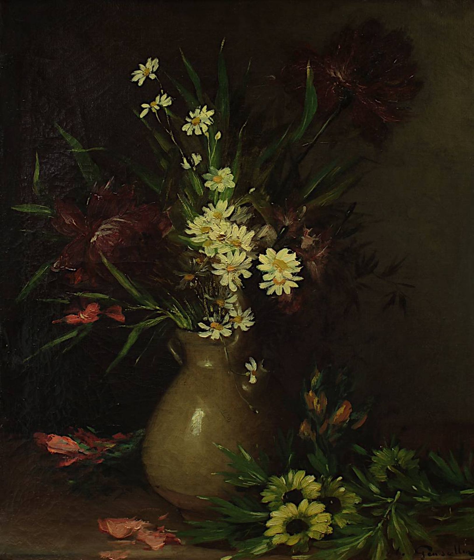 Gensollen,Louis (1834 - 1907), Blumenstillleben mit Margeriten, Öl auf Leinwand, rechst unten signie - Bild 2 aus 4
