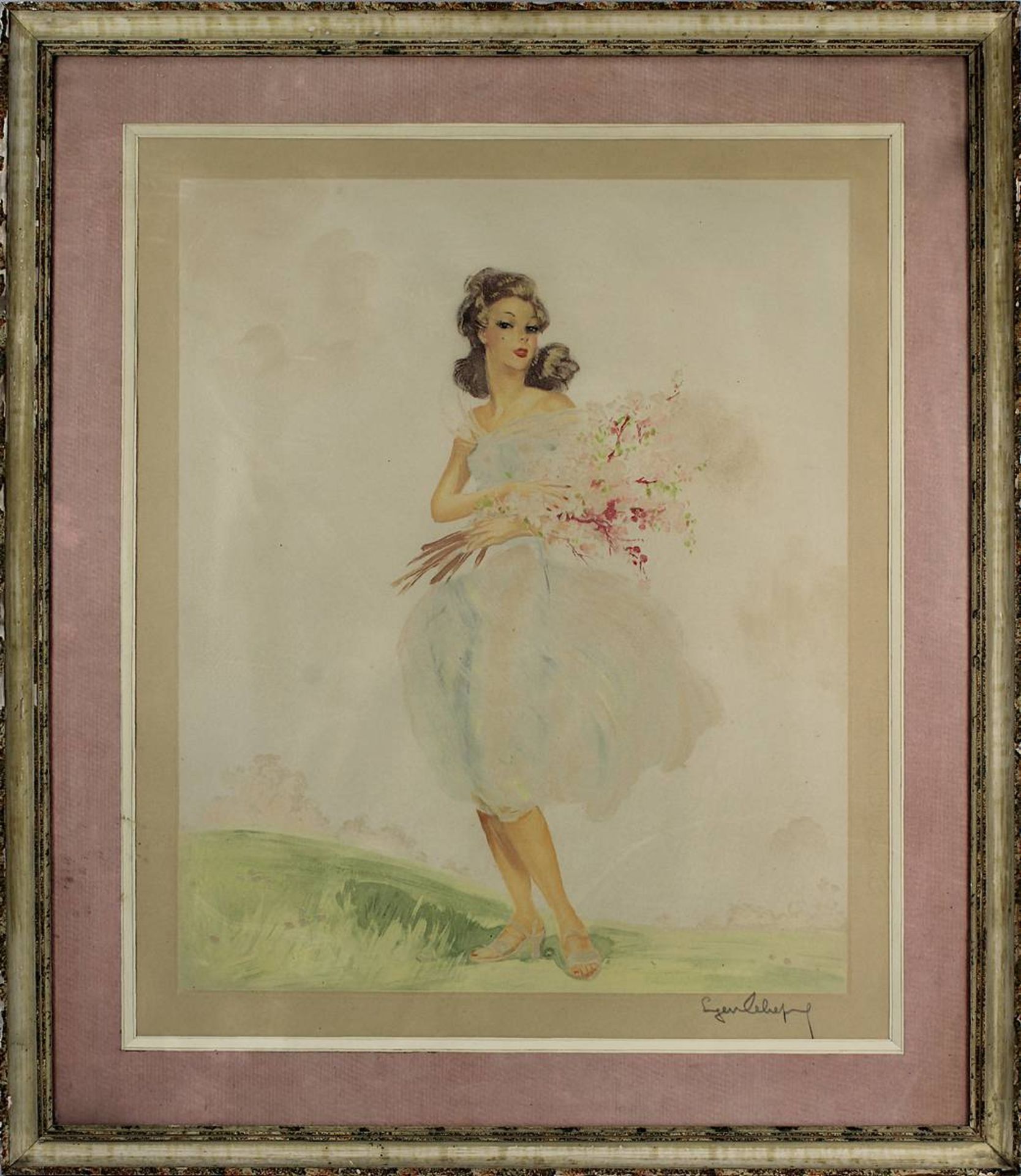 Lelievre, Eugéne (1856 - 1945), stehende junge Frau mit Blumenstraus vor Landschaftsausschnitt,