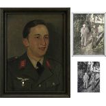 Ölgemälde eines jungen Soldaten mit zwei Fotos, Deutsches Reich 1933-45, Öl auf Leinwand, Gemälde