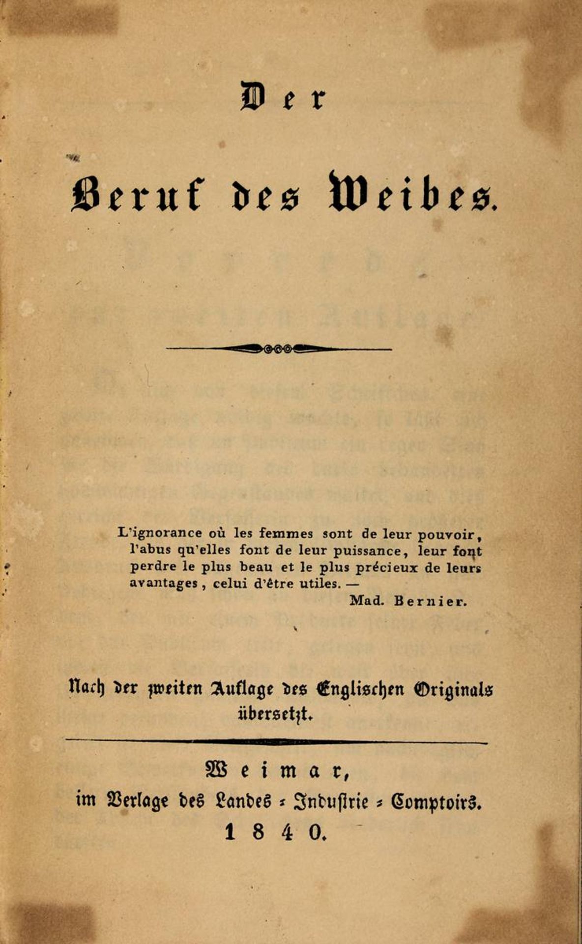 "Der Beruf des Weibes", nach der zweiten Auflage des Englischen Originals übersetzt, Weimar im