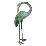 Stehender Reiher, mit nach hinten gebogenem Hals, Gartenfigur, 2. H. 20. Jh., Bronze mit schöner