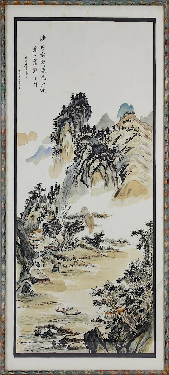Chinesisches Landschaftsaquarell, um 1950, schmal hochformatig, li. o. chinesisch bez., Fluss in