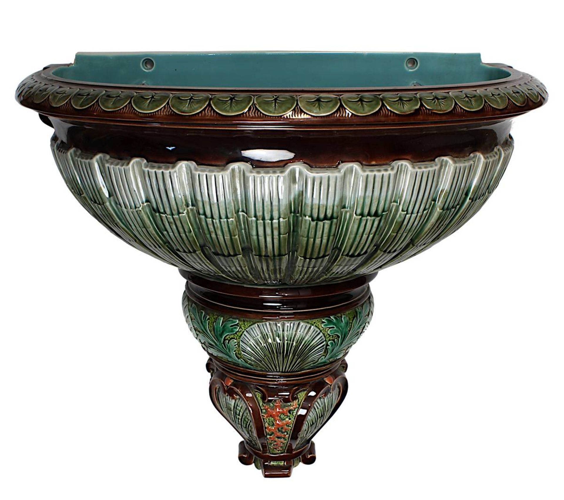 Majolika-Waschbecken, Frankreich um 1890, Keramik heller Scherben, dreiteilig, muschelförmiges - Image 2 of 11