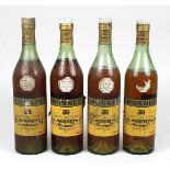Vier Flaschen Cognac J. G. Monnet & C.°, Monet Spezial 1950er Jahre, jeweils 0,7 L., org.