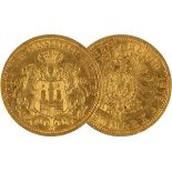 Goldmünze 20 Mark, Hamburg 1878, Stadtwappen und kleiner Adler, vorzüglich, Gewicht 7,97 g. 2707-