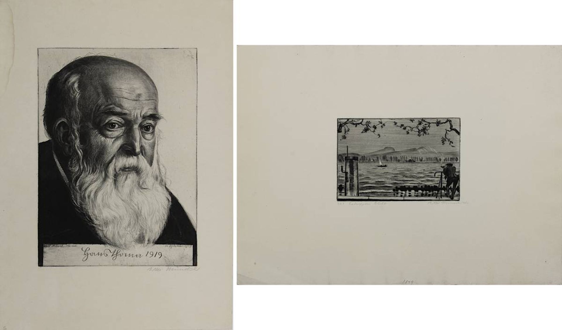 Münch-K´he, Willi (Kalrsruhe 1885 - 1960 Karlsruhe), 2 Radierungen: Porträt Hans Thoma 1919, in