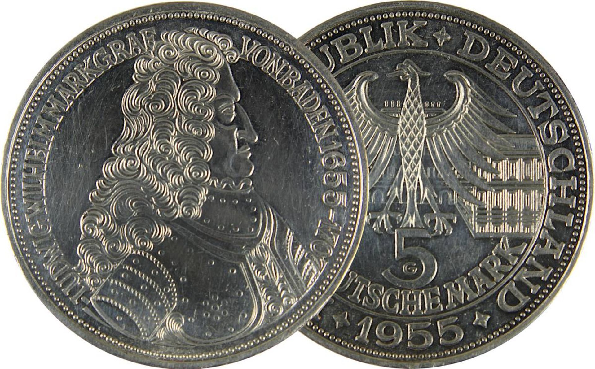 Silbermünze 5 DM, Gedenkmünze Bundesrepublik Deutschland 1955, Av. mit Portrait Ludwig Wilhelm