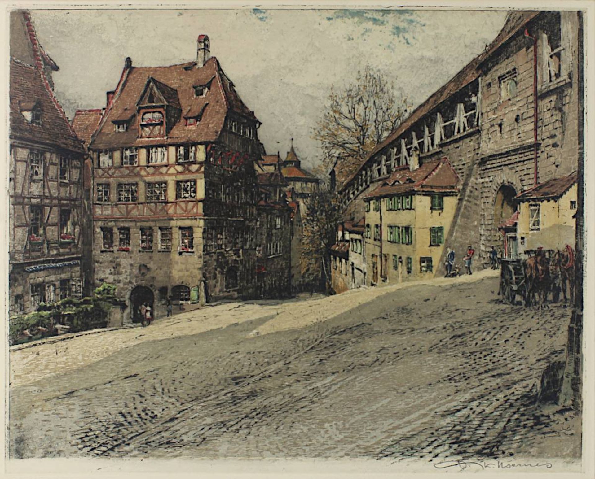 Kasimir-Hoernes, Tanna (Graz 1887 - 1972 Wien), Altstadtpartie, wohl Nürnberg, Farbradierung, 33,5 x - Image 2 of 2