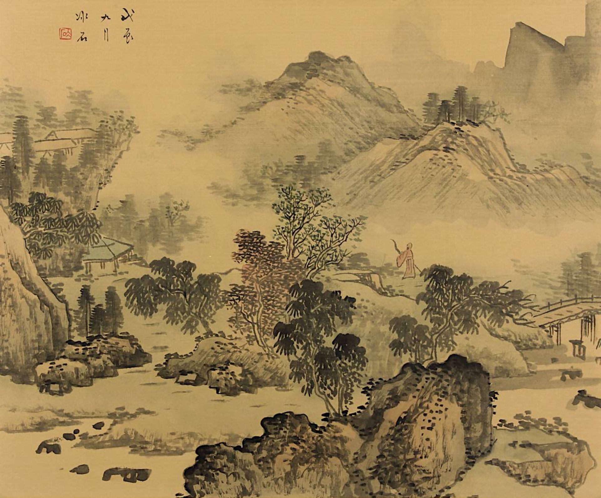 Chinesisches Landschaftsaquarell auf Seide, 19. Jh., in Grautönen und zartem Rot auf beigen - Image 2 of 2
