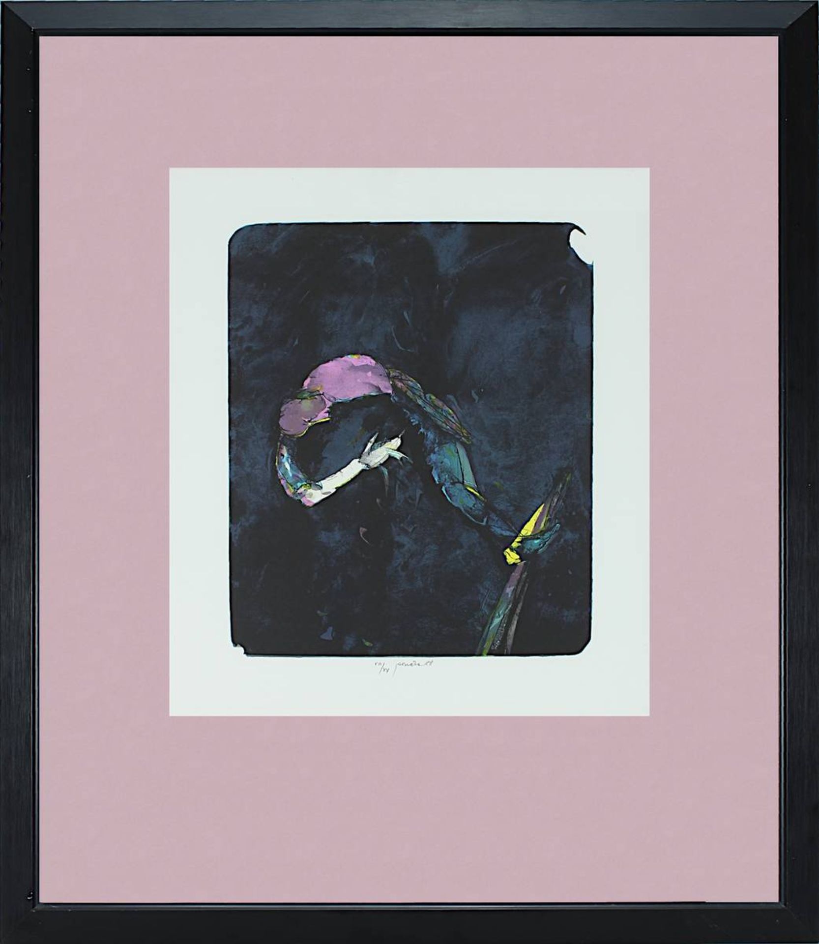 Roucka, Pavel (geb. 1942 Prag), Gebeugte Figur vor nachtblauem Grund, Farblithographie, 29,5 x 24