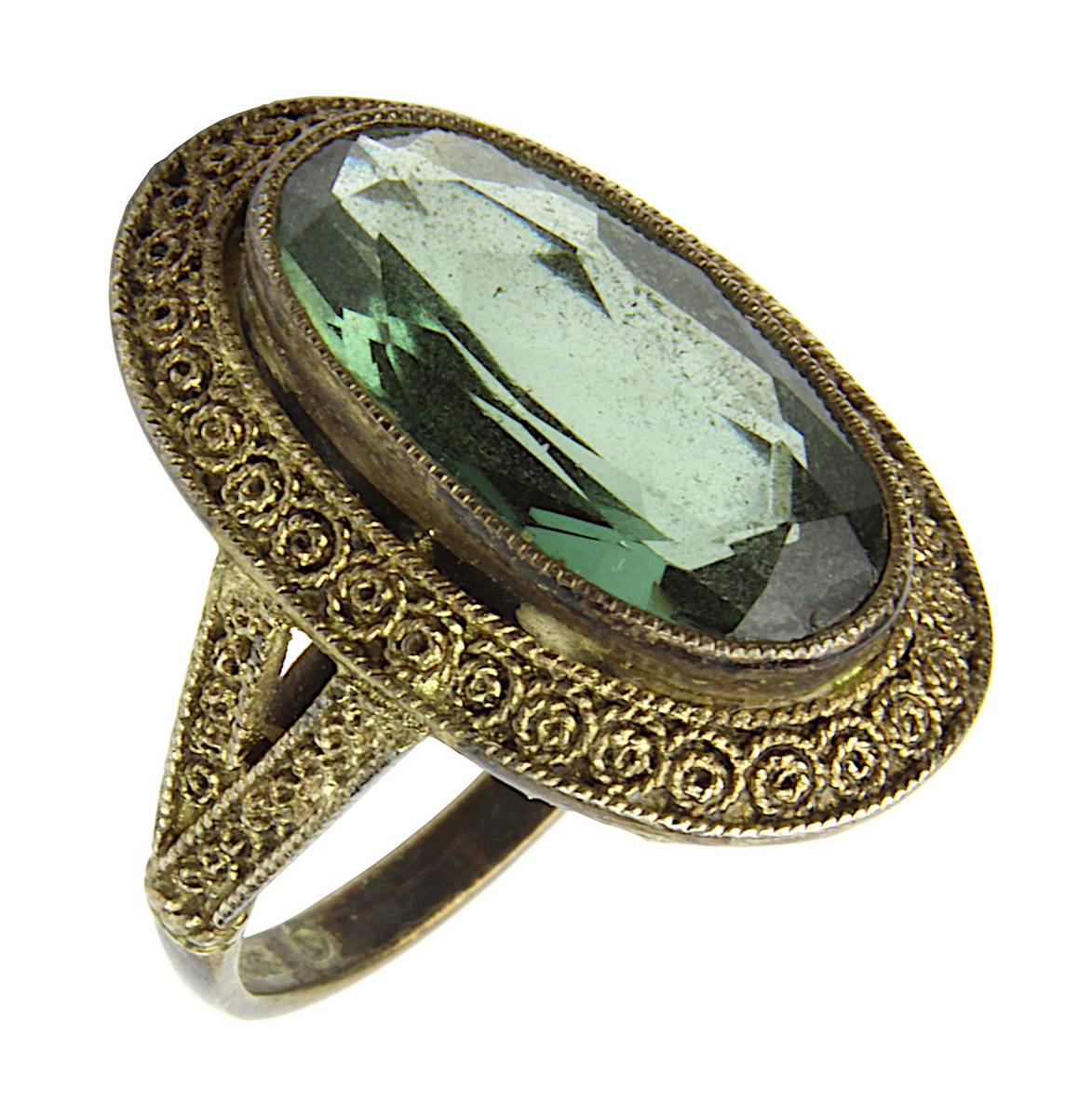 Ring mit olivfarbenem Stein, Fahrner (Brendel), Pforzheim 1920er Jahre, vergoldetes Silber bez. 925,