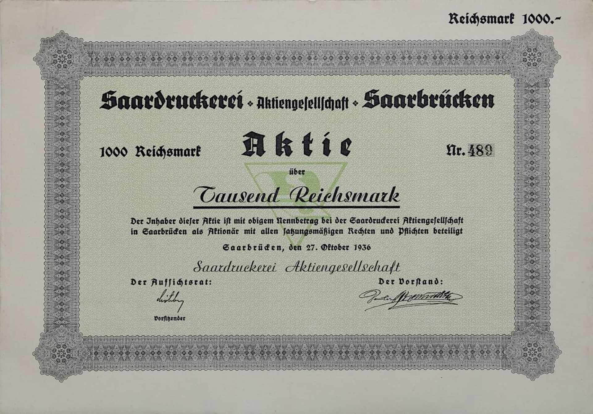 Seltene Aktie der Saardruckerei Aktiengesellschaft über 1000 Reichsmark, Ausgabedatum 27.10.1936, Ak - Bild 2 aus 5