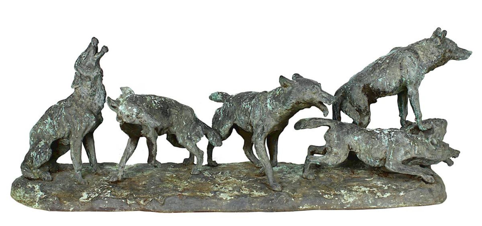 Büschelberger, Anton (Eger 1869 - 1934 Dresden) Wolfsrudel, große Bronzefigur von fünf Wölfen, auf