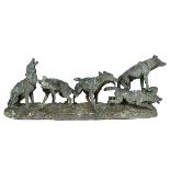 Büschelberger, Anton (Eger 1869 - 1934 Dresden) Wolfsrudel, große Bronzefigur von fünf Wölfen, auf