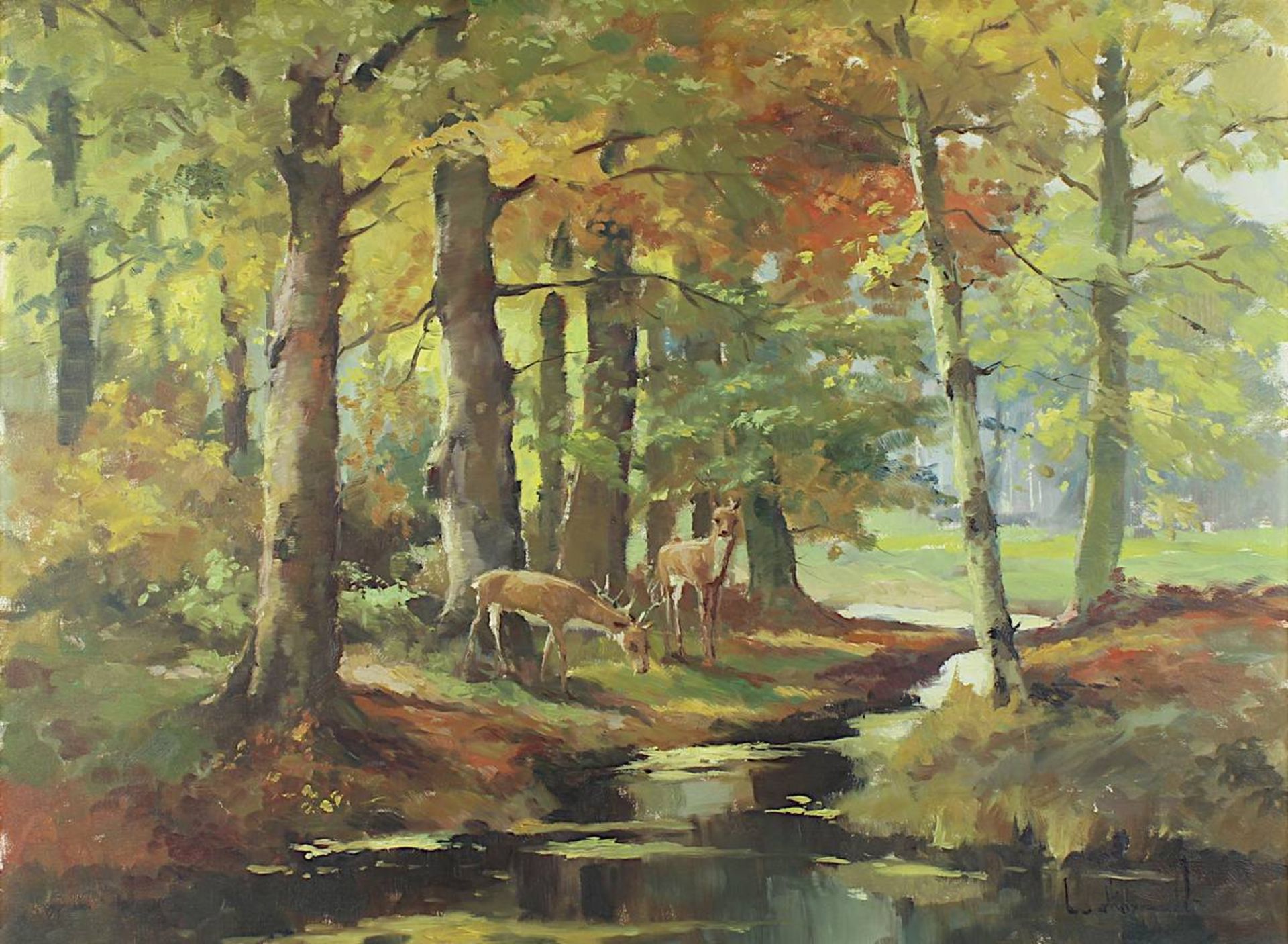 Landschaftsmaler, wohl Luxemburg 2. H. 20. Jh., Rotwild in einem sonnendurchfluteten Waldstück mit - Image 2 of 3