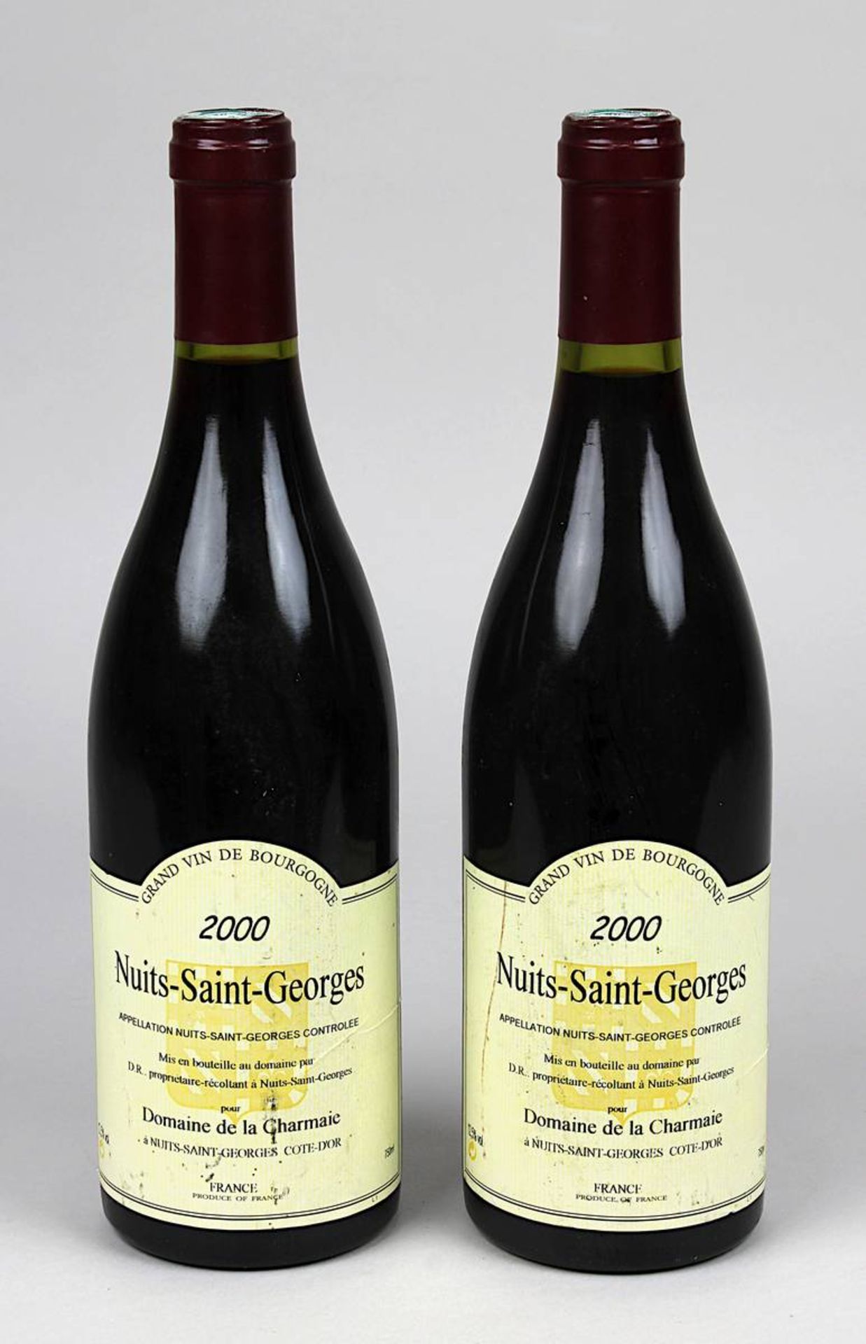 Zwei Flaschen 2000er Nuits-Saint-Georges, Bourgogne, Domaine de la Charmaie, Cote-Dor, gute Füllhöhe