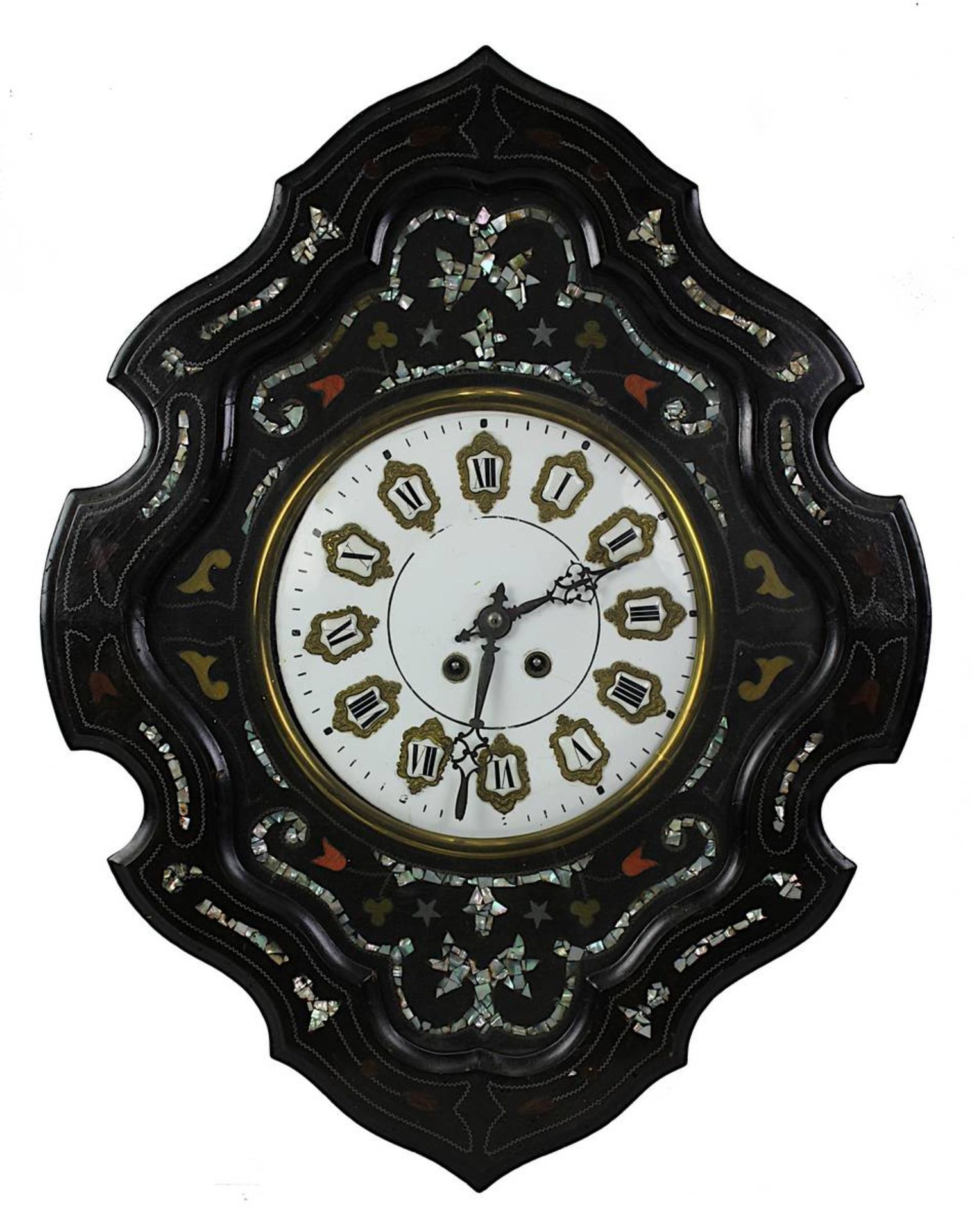 Wanduhr, sog. Ochsenaugen-Uhr, Frankreich 2. H. 19. Jh., sechseckiger schwarz lasierter Nadelholzkas