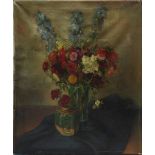 Leussink, H., niederländischer Stillebenmaler, Stilleben mit Gartenblumen und Teedose, um 1900, Öl