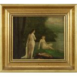 Aktmaler, Ende 19. Jh., zwei weibliche Akte an einem See im Abendlicht, Öl auf Leinwand auf Holz,