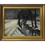 G. Lambrechts, belgischer Landschaftsmaler um 1900, Winterlicher Bachlauf in der Abenddämmerung,