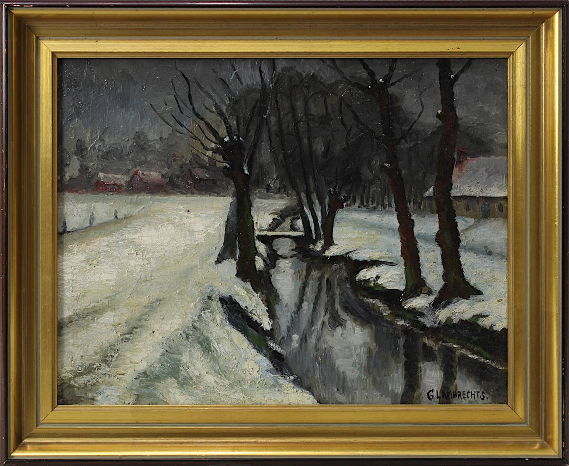 G. Lambrechts, belgischer Landschaftsmaler um 1900, Winterlicher Bachlauf in der Abenddämmerung,