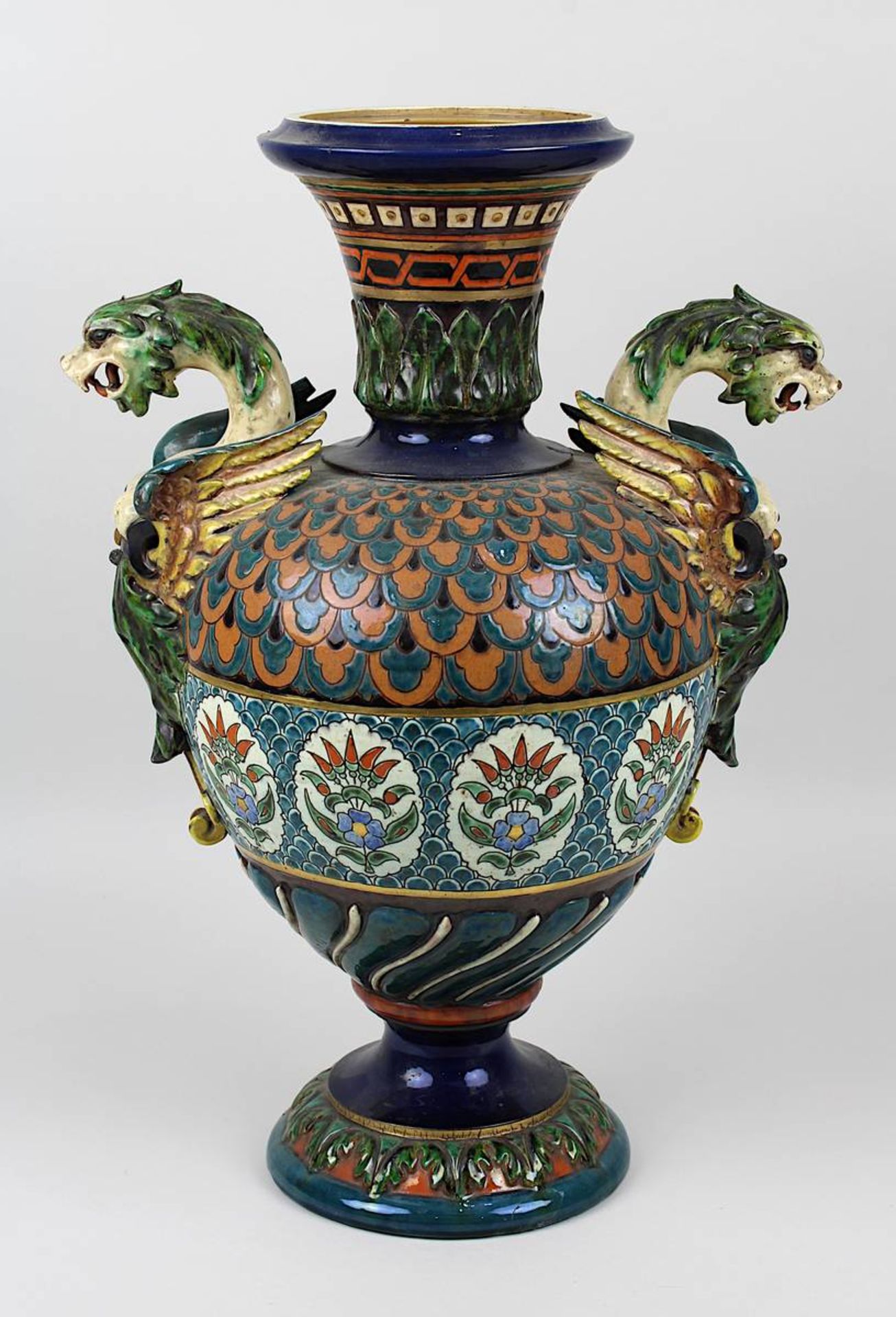 Johann Glatz, Keramik Prunk-Vase, Villingen um 1880, balusterförmiger Korpus, Keramik, heller