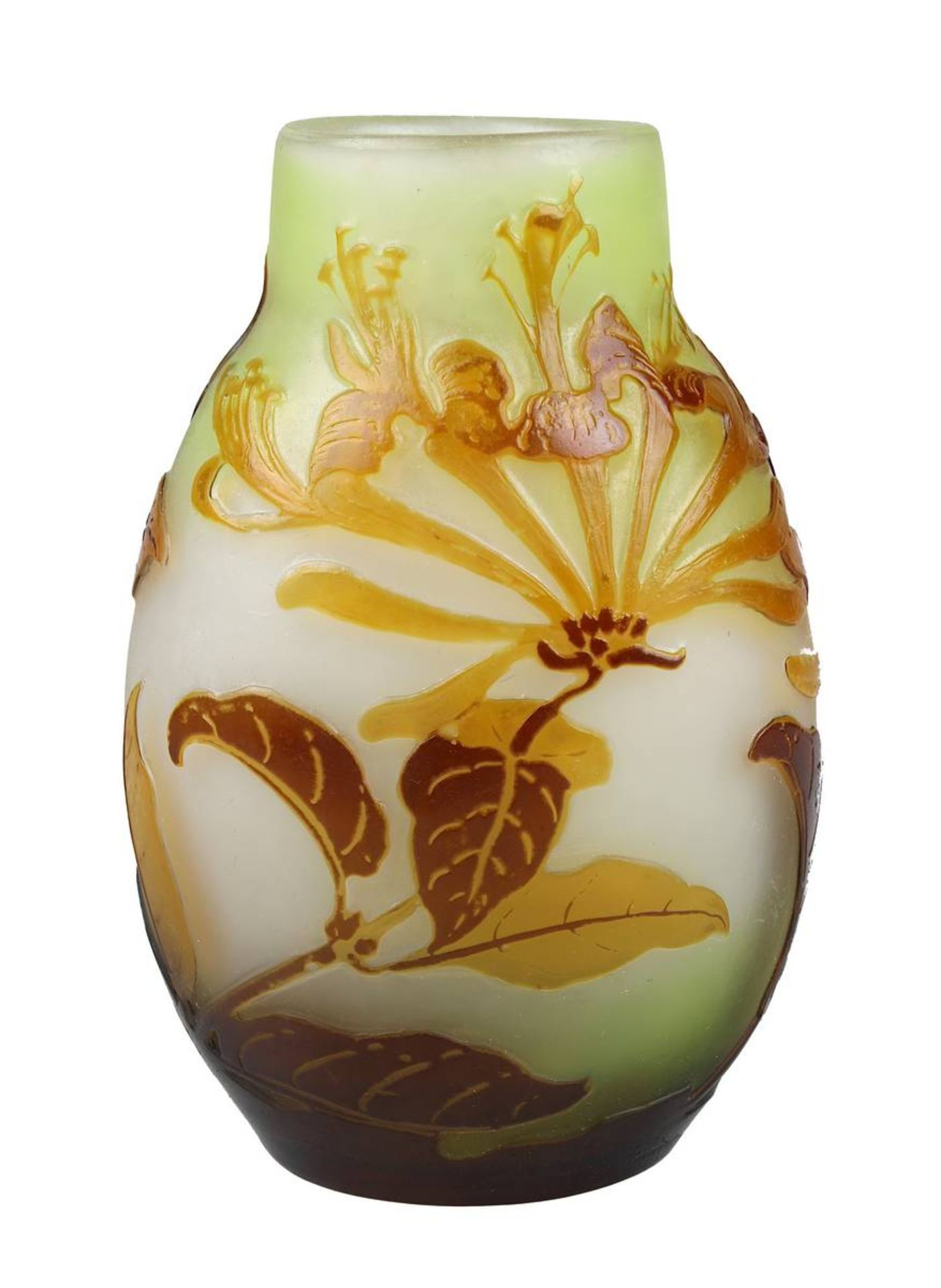 Gallé Jugendstil-Vase mit Geissblattdekor, Nancy 1906-14, Klarglaskorpus innen mit hellgrünem