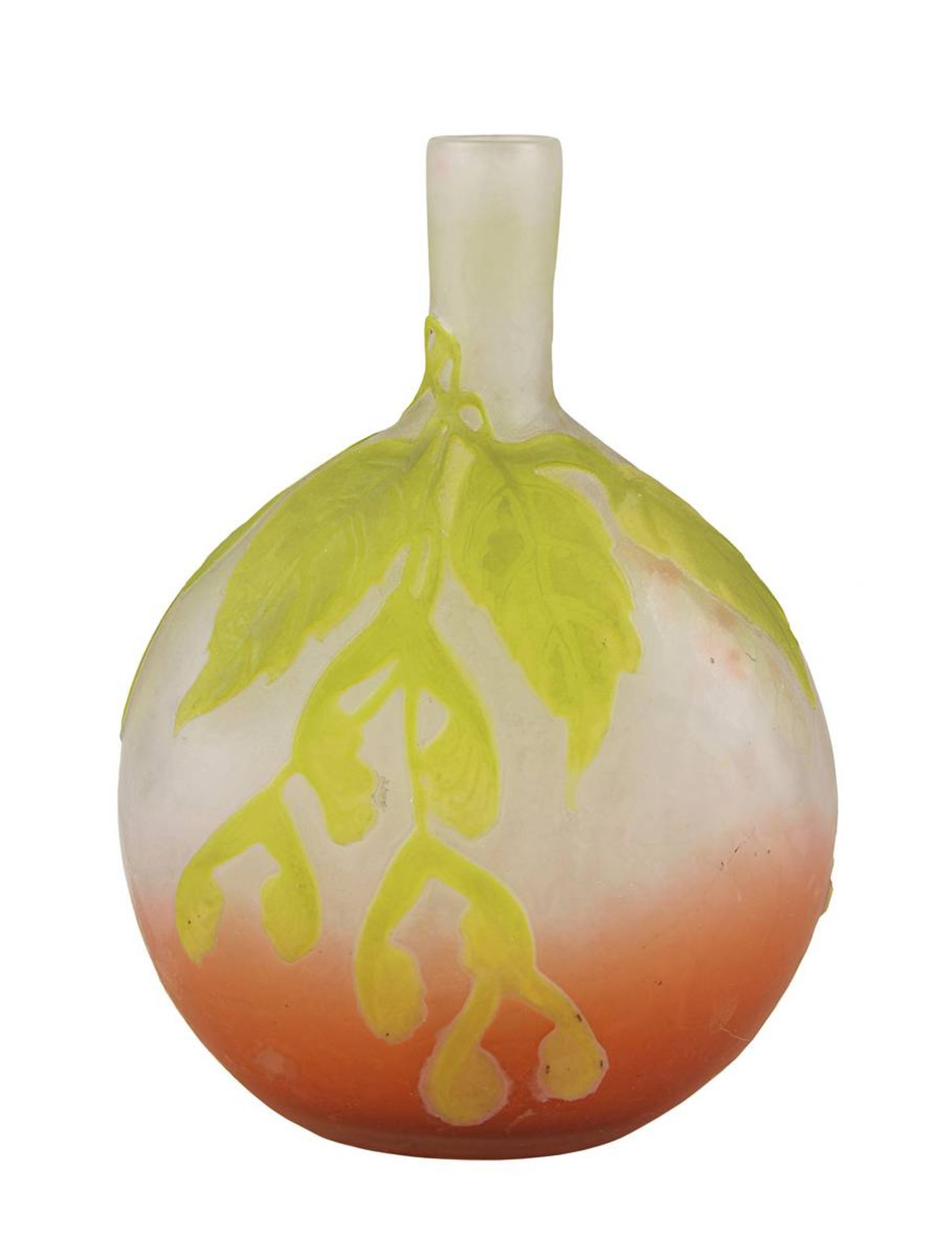 Klein Gallé Jugendstil-Vase mit Ahornmotiv, Nancy 1906-14, Klarglaskorpus innen mit orangefarbenem