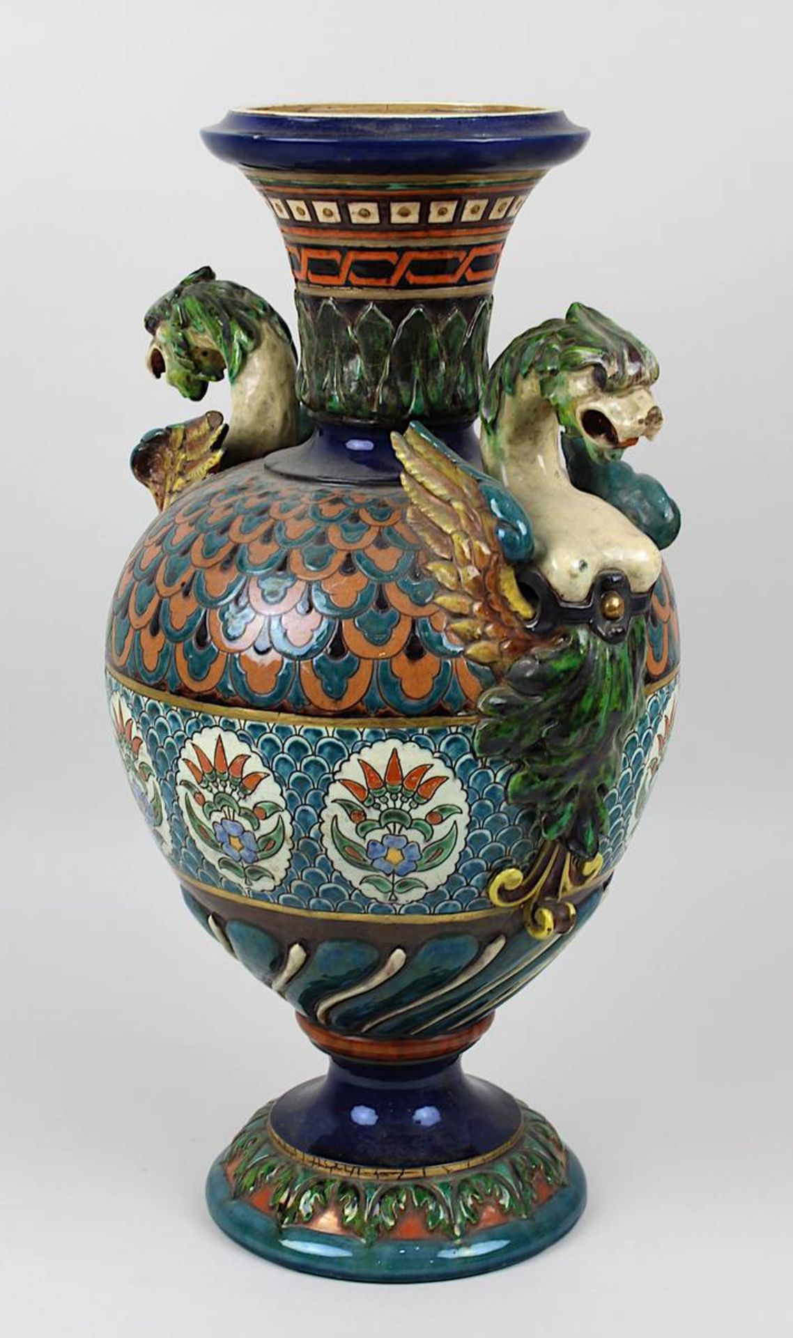 Johann Glatz, Keramik Prunk-Vase, Villingen um 1880, balusterförmiger Korpus, Keramik, heller - Image 4 of 5