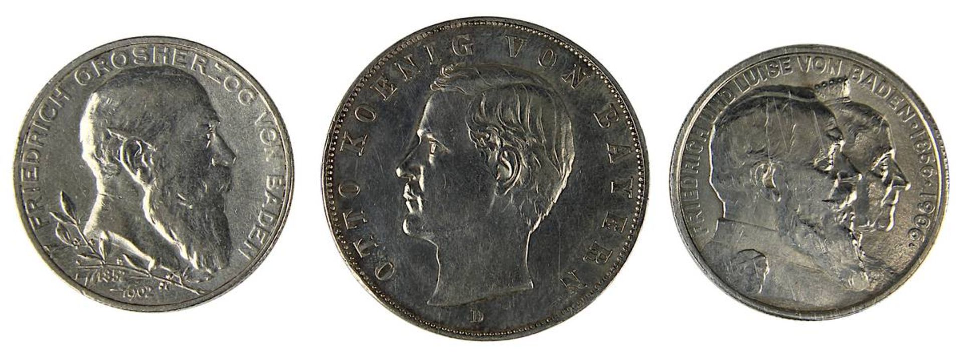 3 Münzen Deutsches Reich, 900er Silber, Baden u. Bayern, 1902, 1906 u. 1912, Münze zu 2 Mark, Avers: