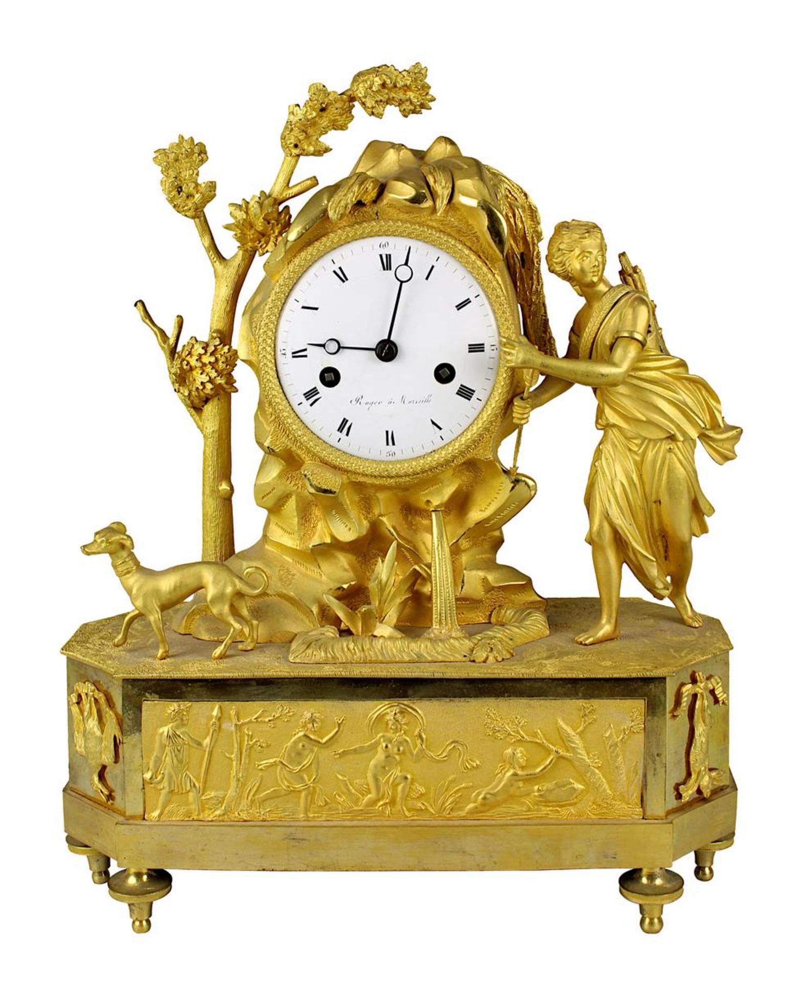 Empire-Bronzeuhr vergoldet, Diana am Brunnen, Frankreich um 1810, französisches Pendulenwerk mit Fad