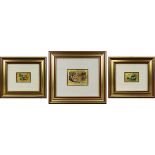 3 Miniaturen auf 960er Goldfolie, in Lithographie zwei Landschaften, signiert Alfred Liher, und eine