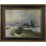 Schmidt, Robert (Nürnberg 1863 - 1927), Winterlandschaft mit Wasserlauf u. Enten, Öl auf Leinwand,