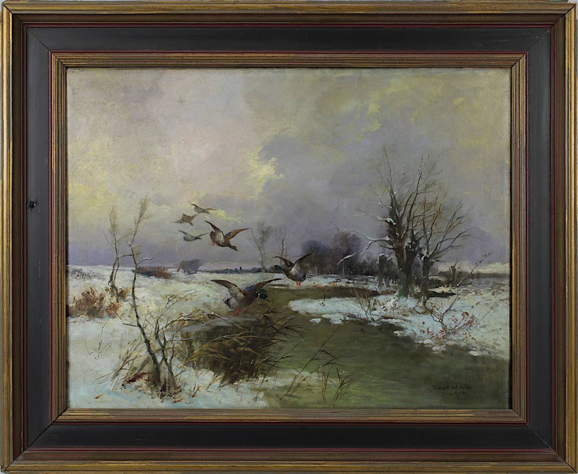 Schmidt, Robert (Nürnberg 1863 - 1927), Winterlandschaft mit Wasserlauf u. Enten, Öl auf Leinwand, r