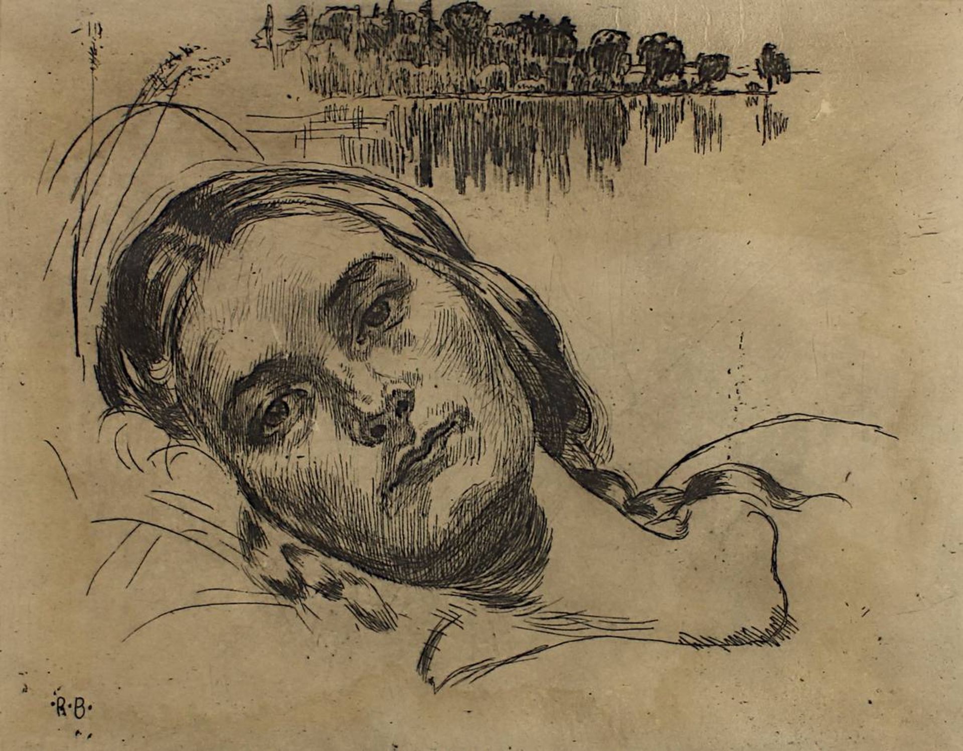 Monogrammist R.B. 1. H. 20. Jh., Kopf eines liegenden jungen Mädchens vor Seeufer, Radierung, 19,5 x - Image 2 of 2