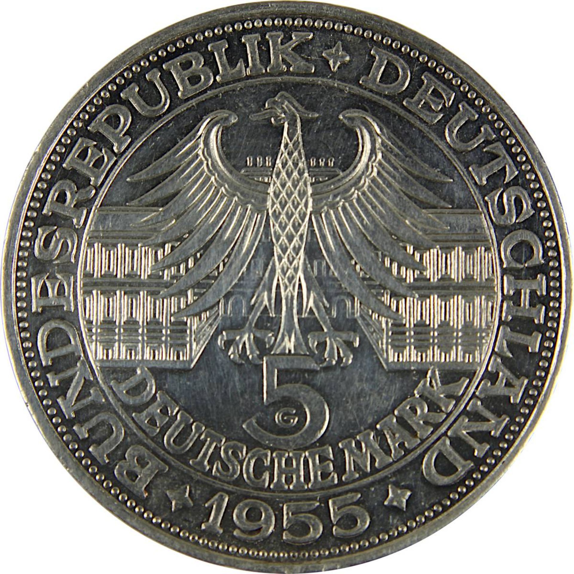 Silbermünze 5 DM, Gedenkmünze Bundesrepublik Deutschland 1955, Av. mit Portrait Ludwig Wilhelm - Image 3 of 3