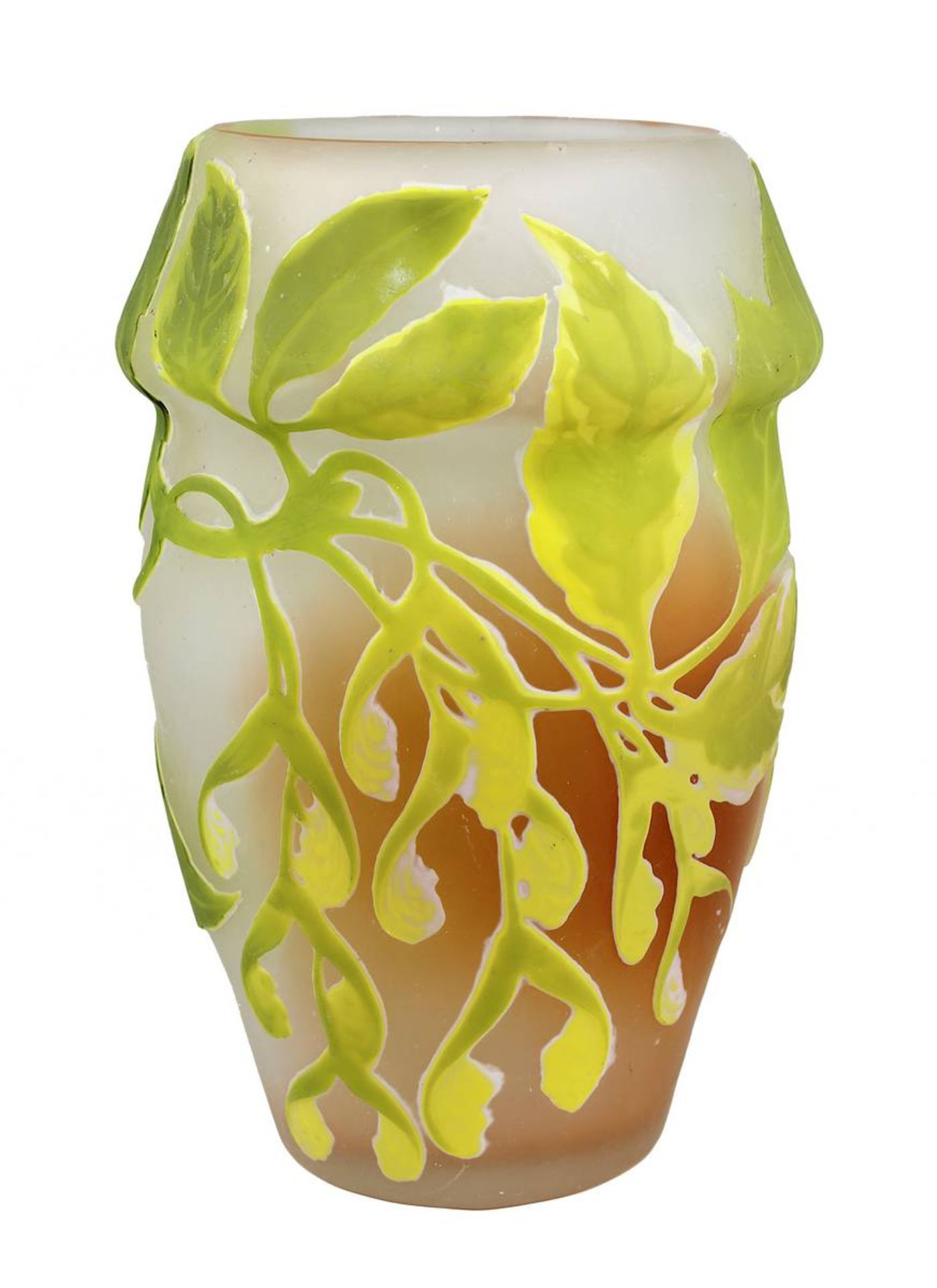 Gallé Jugendstil-Vase mit Ahornmotiv, Nancy 1904-06, matt geätzter Klarglaskorpus innen mit partiell