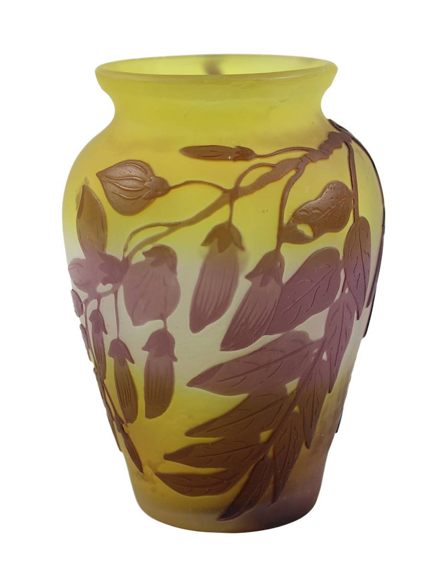 Gallé Jugendstil-Vase mit Glyziniendekor, Nancy 1906 - 1914, Klarglaskorpus, innen mit gelbem