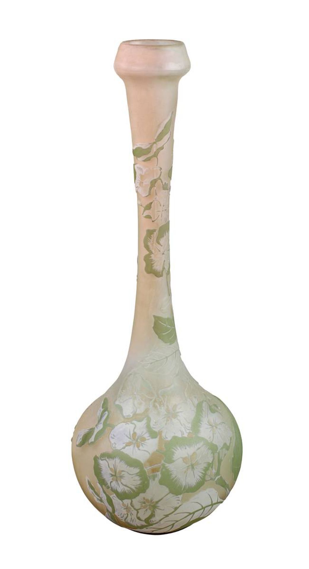 Gallé Jugendstil-Vase mit Hortensiendekor, Nancy 1904-06, vierpassiger Vasenbau mit langgezogenem