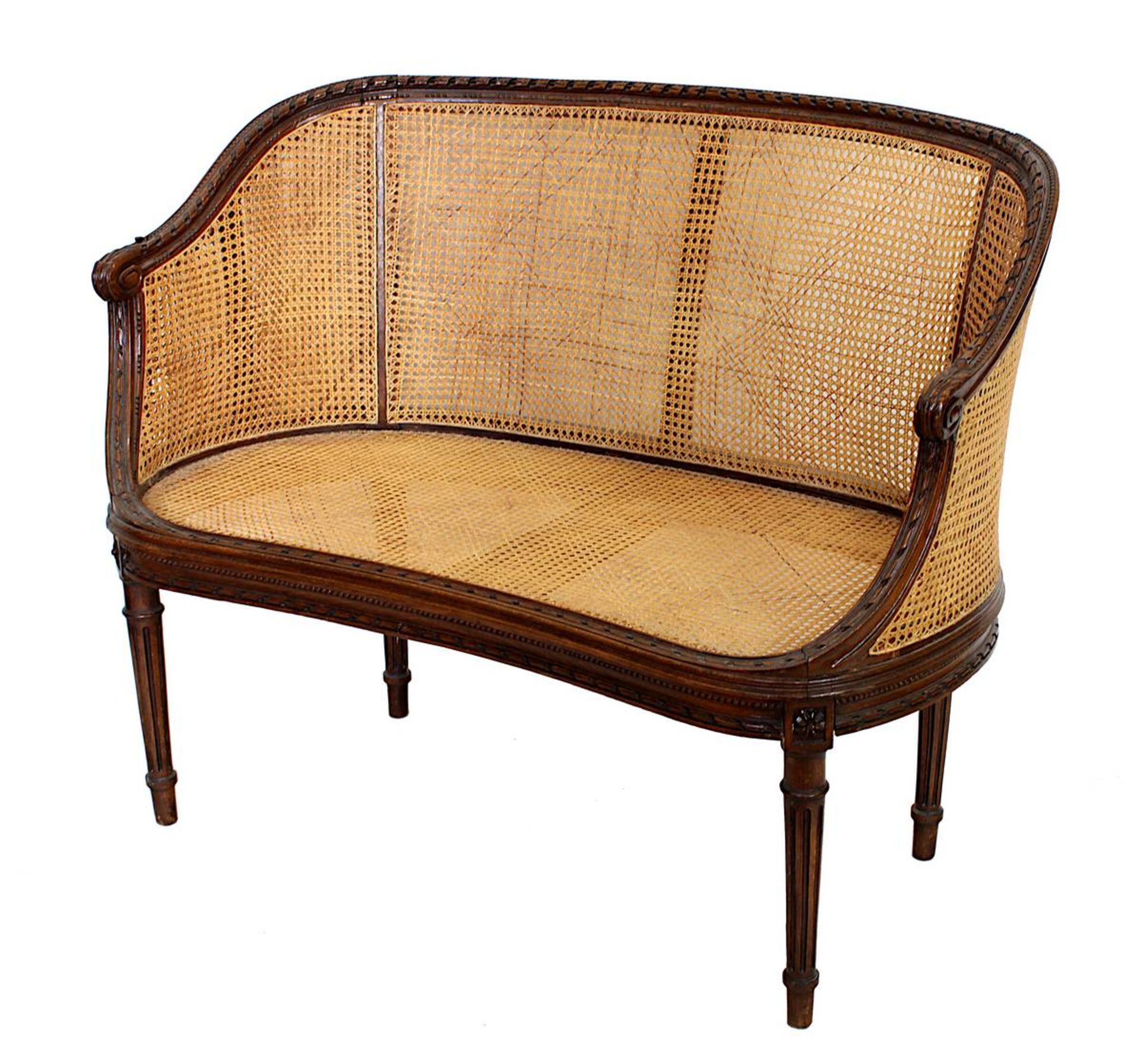 Sitzbank, im Louis XVI Stil, 1. H. 20. Jh., Buche, Nussbaum gebeitzt, geschwungene Form,