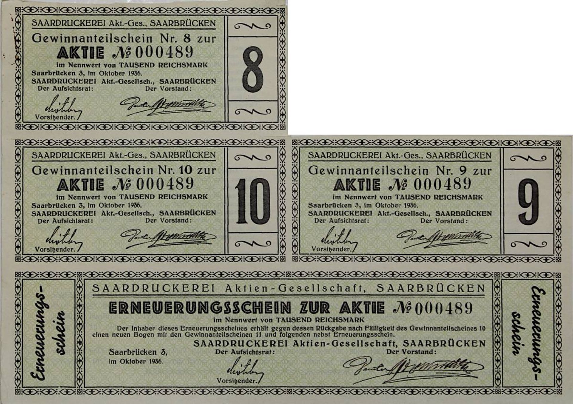 Seltene Aktie der Saardruckerei Aktiengesellschaft über 1000 Reichsmark, Ausgabedatum 27.10.1936, Ak - Bild 4 aus 5