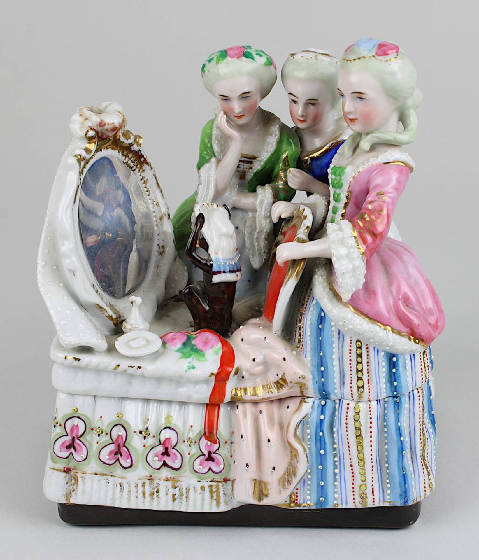 Figurendose Drei Rokokodamen mit Äffchen vor einem Spiegel, Frankreich 1. H. 19. Jh., Porzellan weiß - Bild 2 aus 5