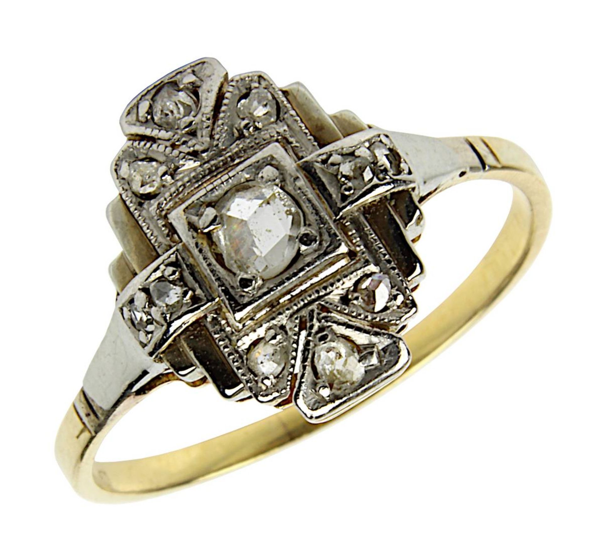Art-Déco Ring mit Diamantrosen, Frankreich um 1920, Ringschiene aus 18 kt Roségold, geprüft aber