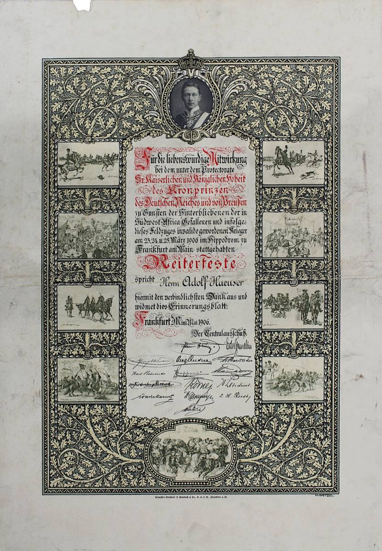 Erinnerungsblatt anlässlich des Reiterfestes zu Frankfurt/Main 1906, unter der Schirmherrschaft